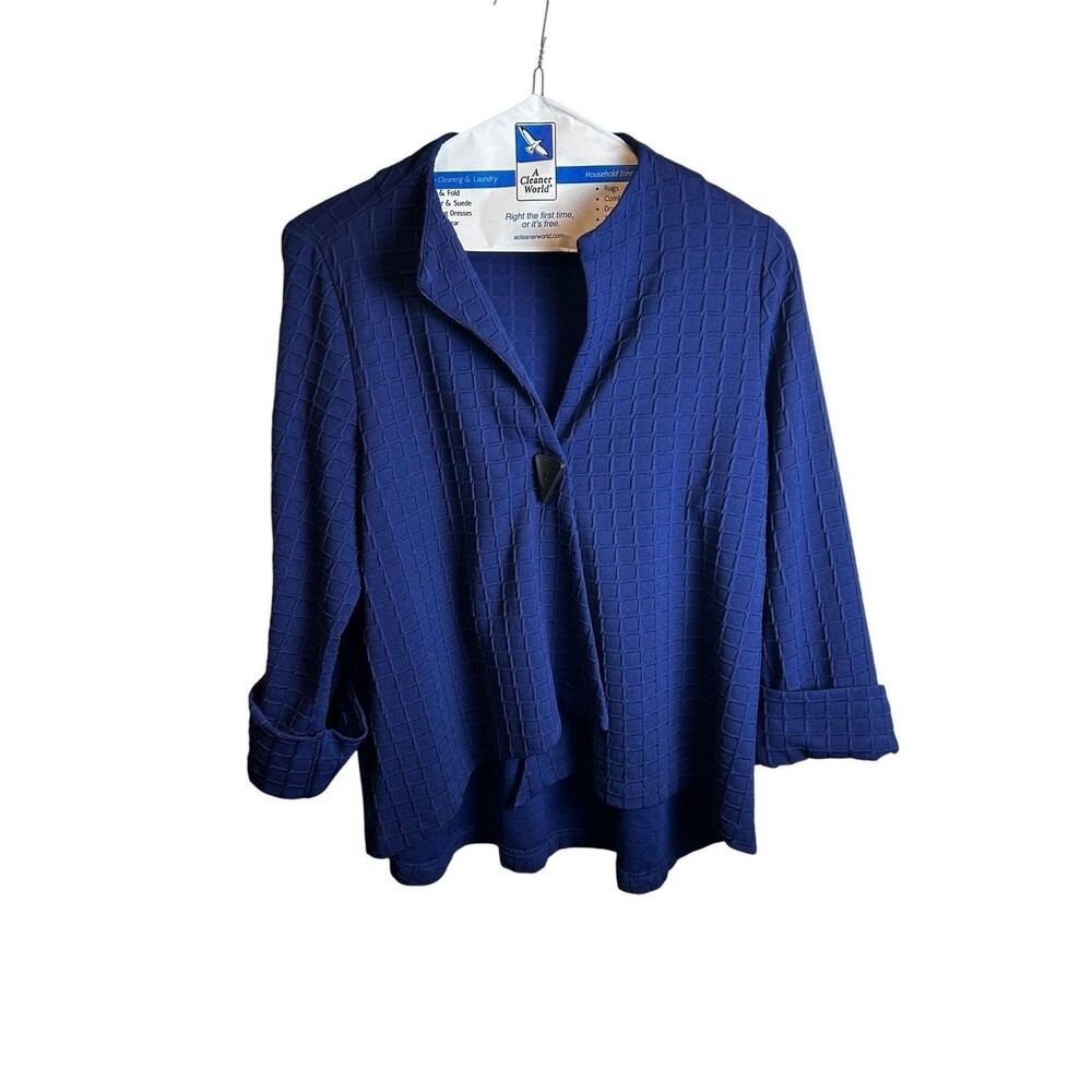 IC Collection Connie K Blue Textured Grid Open Front Jacket Cardigan XL USA
